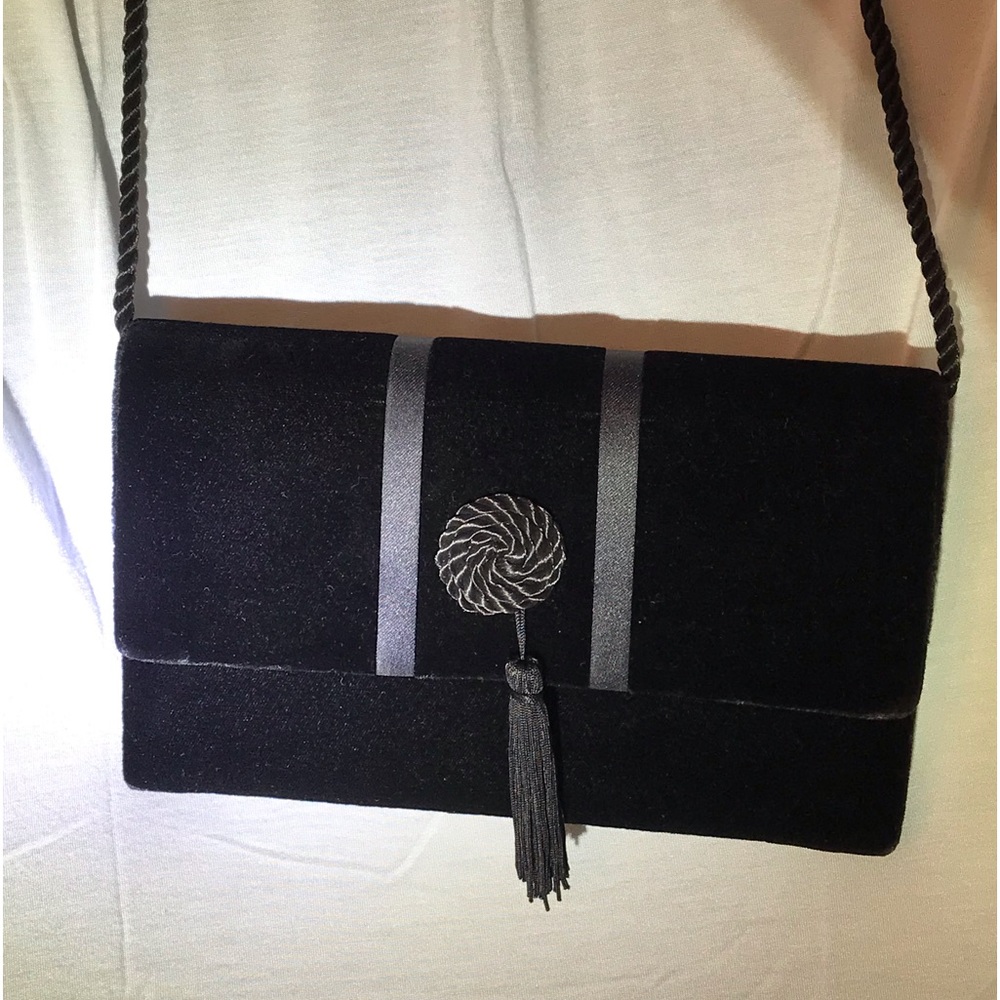 Black Velvet Evening Bag with 23” rolled silk shoulder strap.
